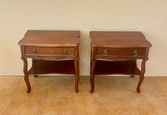 Pair of Spanish Wood Bedside Tables with Drawers and Lower Shelves, 1940s
