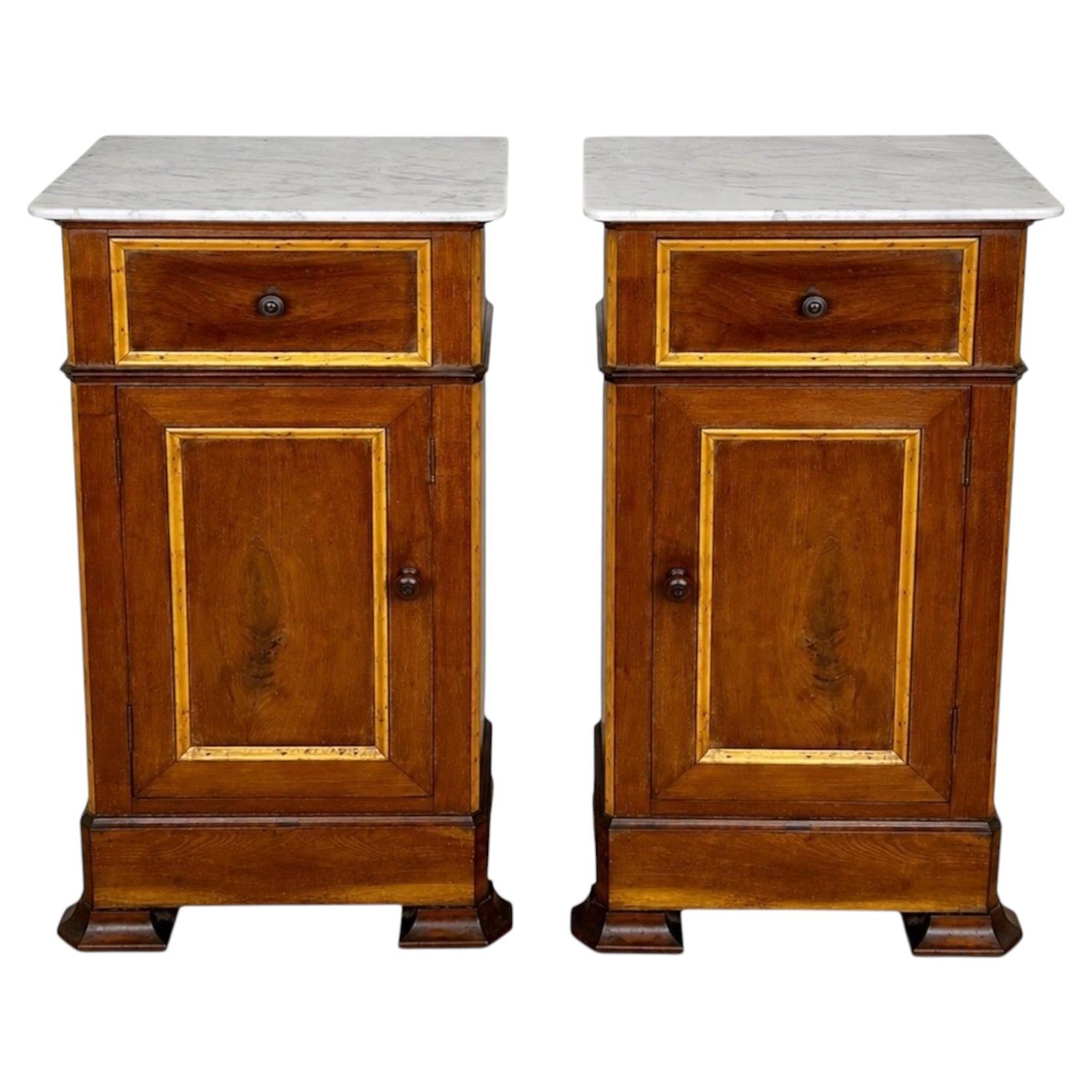 Pair of Spanish Wooden Nightstands with Marble Top, 1930s
