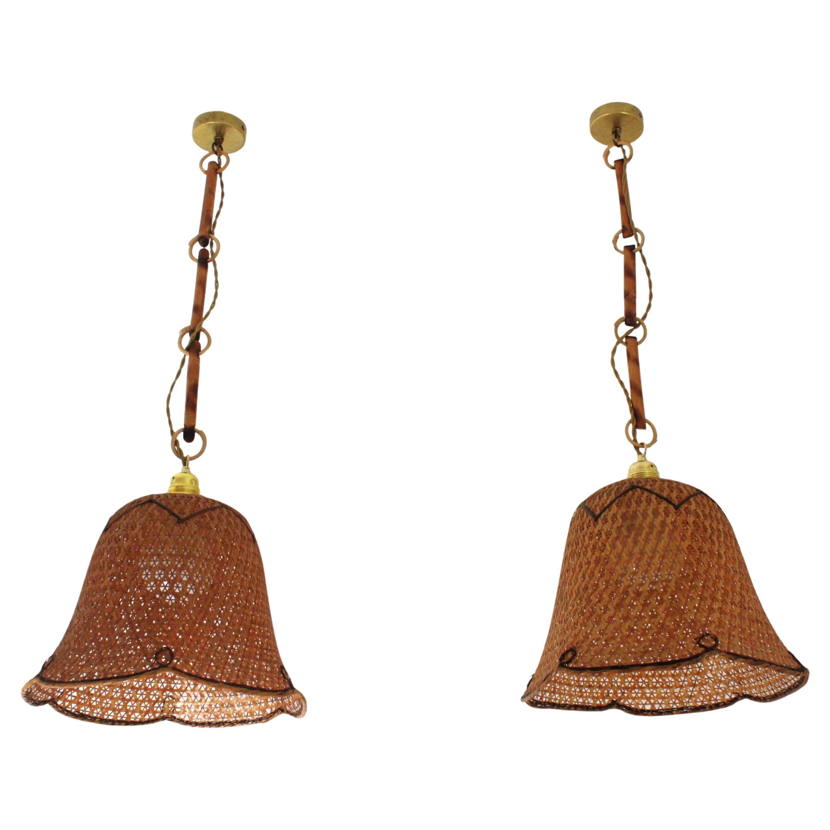 Pair of Spanish Woven Wicker Rattan Bell Pendants / Hanging Lights, 1960