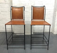 Pair of Spanish Wrought Iron and Leather Barstools