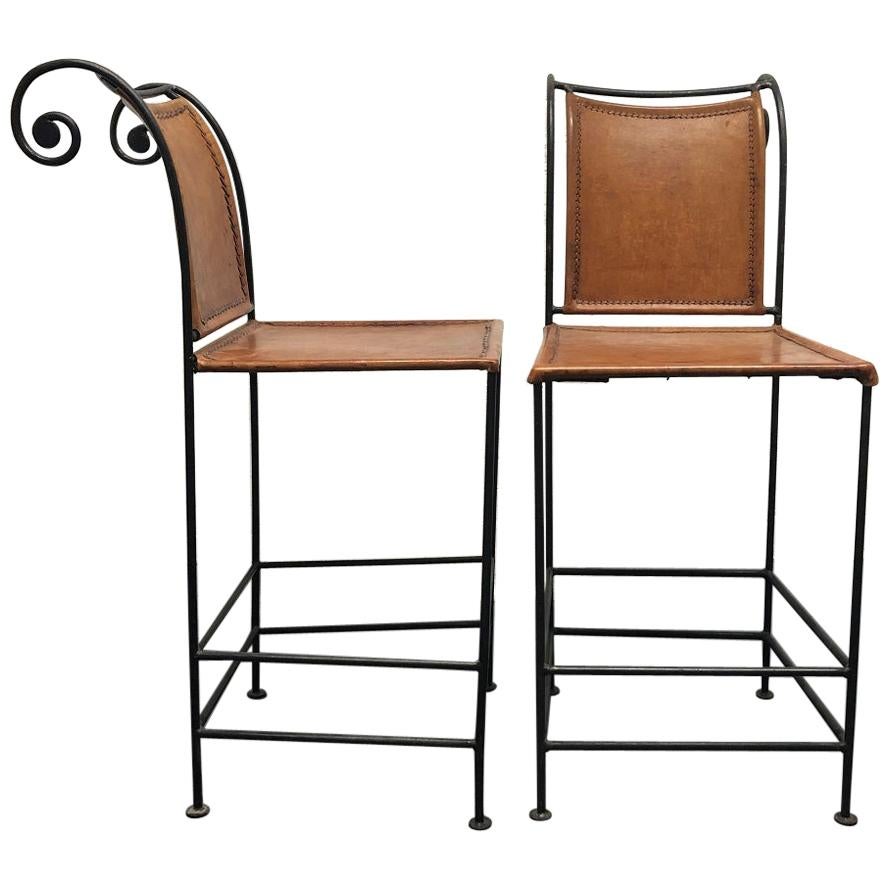 Pair of Spanish Wrought Iron and Leather Barstools For Sale
