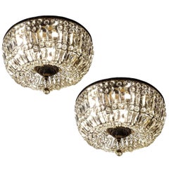 Pair of Spectacular Flush Mount Crystal and Bronze Basket Chandeliers