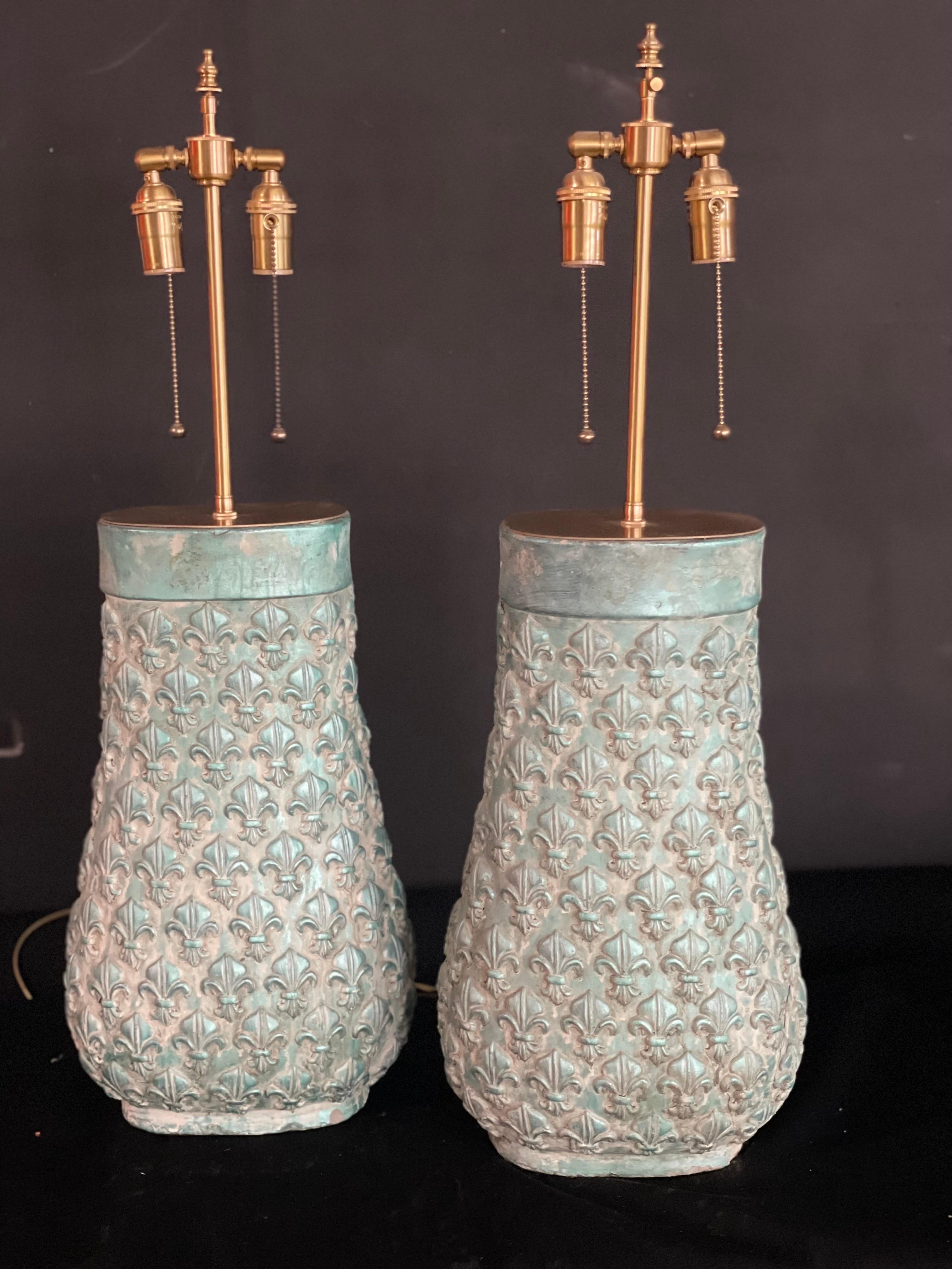 Pair of spectacular French Patinaed Fleur De Lis Gourdes With Lamp application. For Sale 8