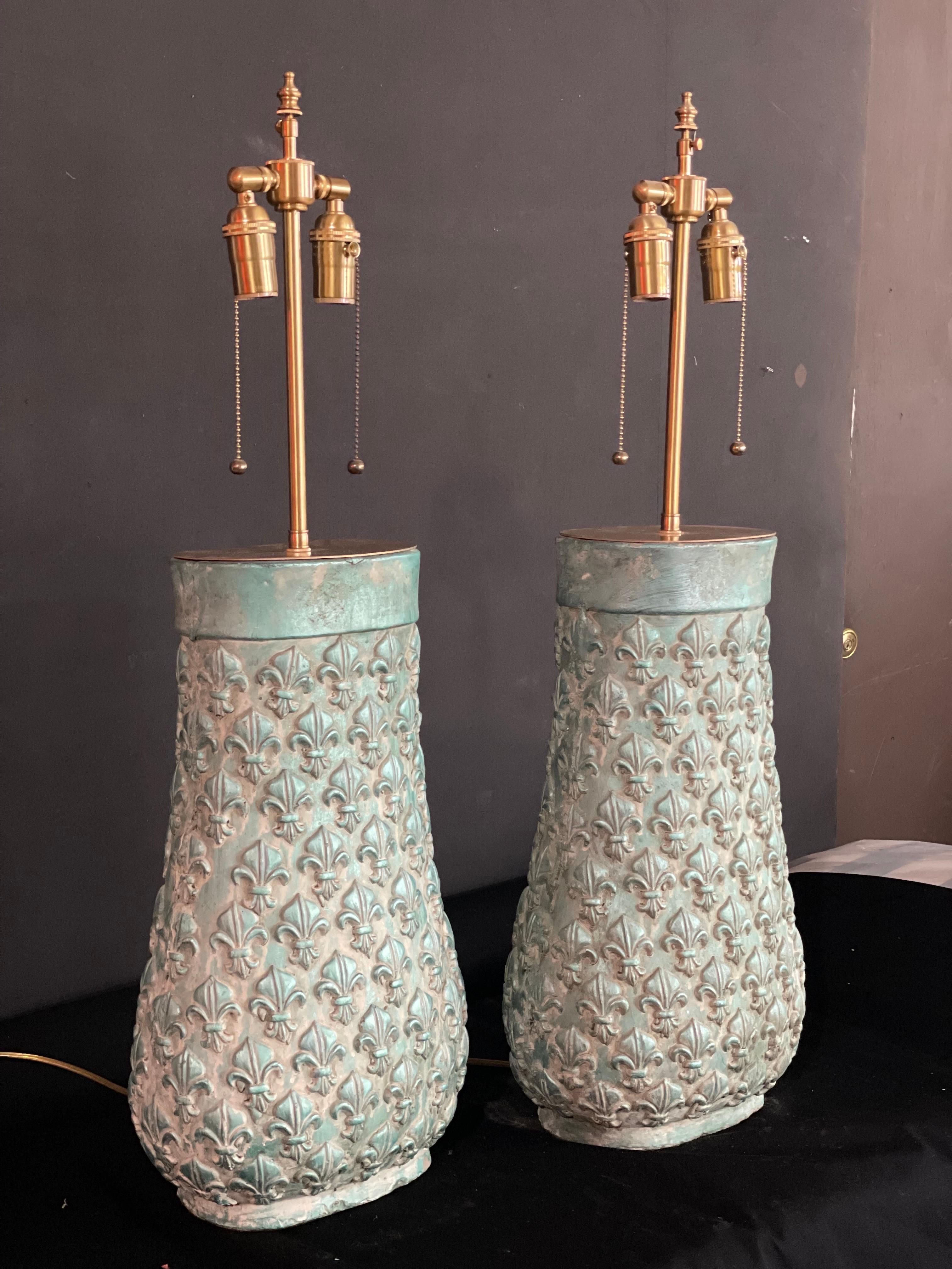 Pair of spectacular French Patinaed Fleur De Lis Gourdes With Lamp application. For Sale 1