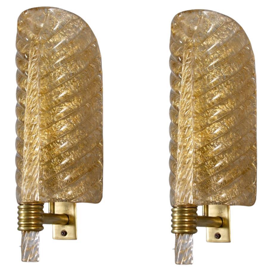 Pair of Spectacular Gold Murano Glass Sconces by Barovier & Toso, 1950