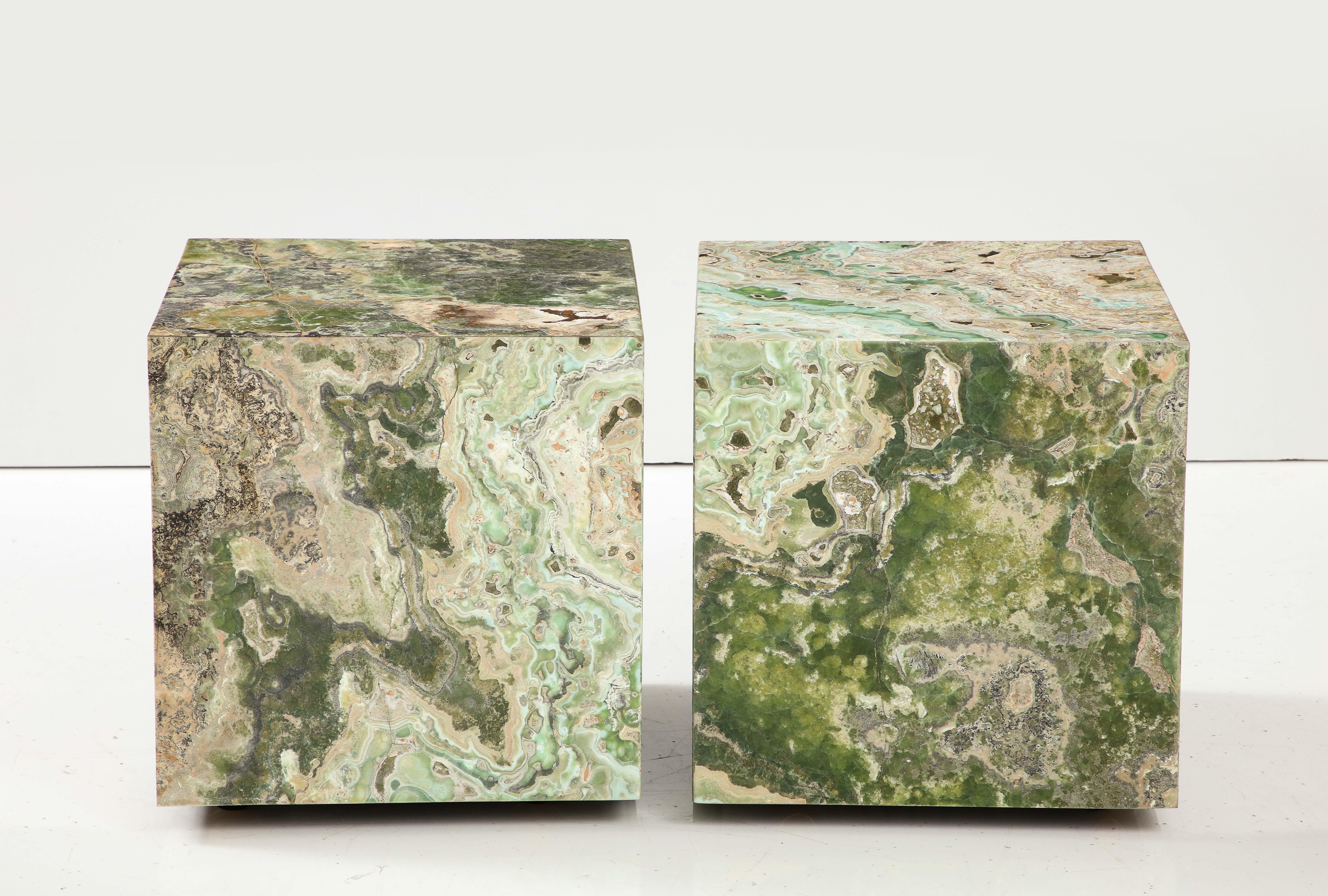 Contemporary Pair of Spectacular Honed Onyx Cube Tables For Sale