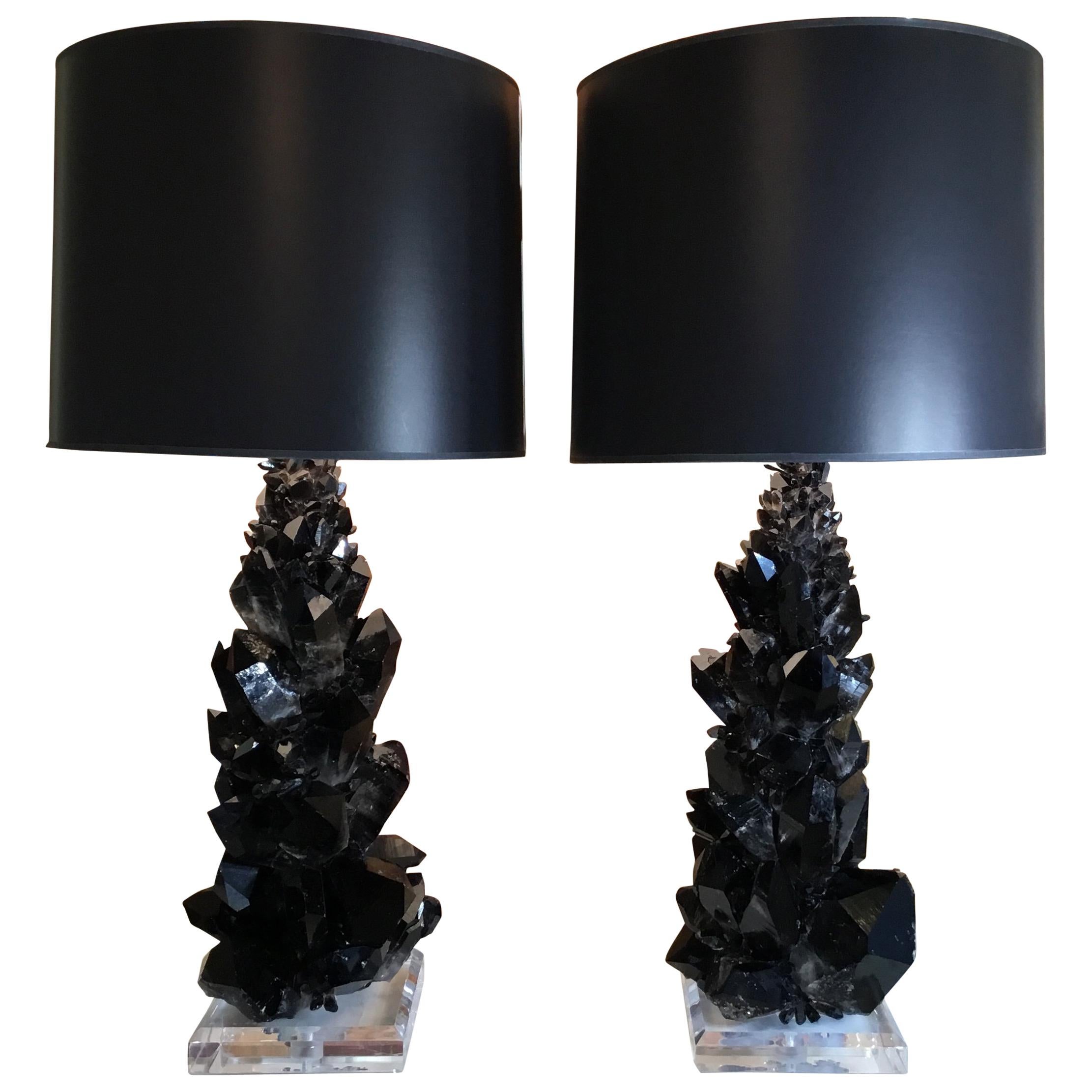 Pair of Spectacular Large Black Quartz Table Lamps
