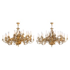 Pair of Spectacular Large Gilt Bronze Chandeliers with Foliage Arms