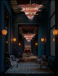 Pareja de espectaculares lámparas de cristal rosa. Murano