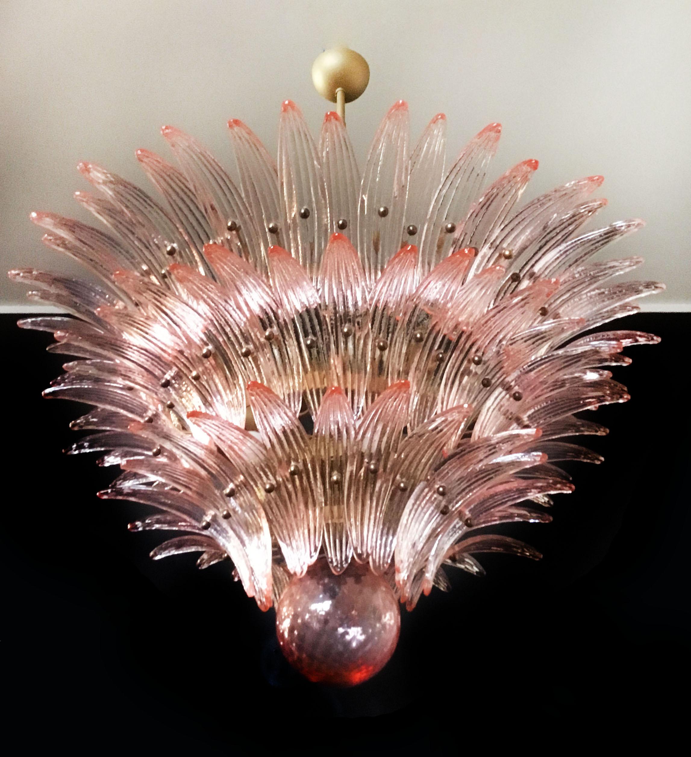 Italian Pair of spectacular pink glass chandeliers. Murano For Sale