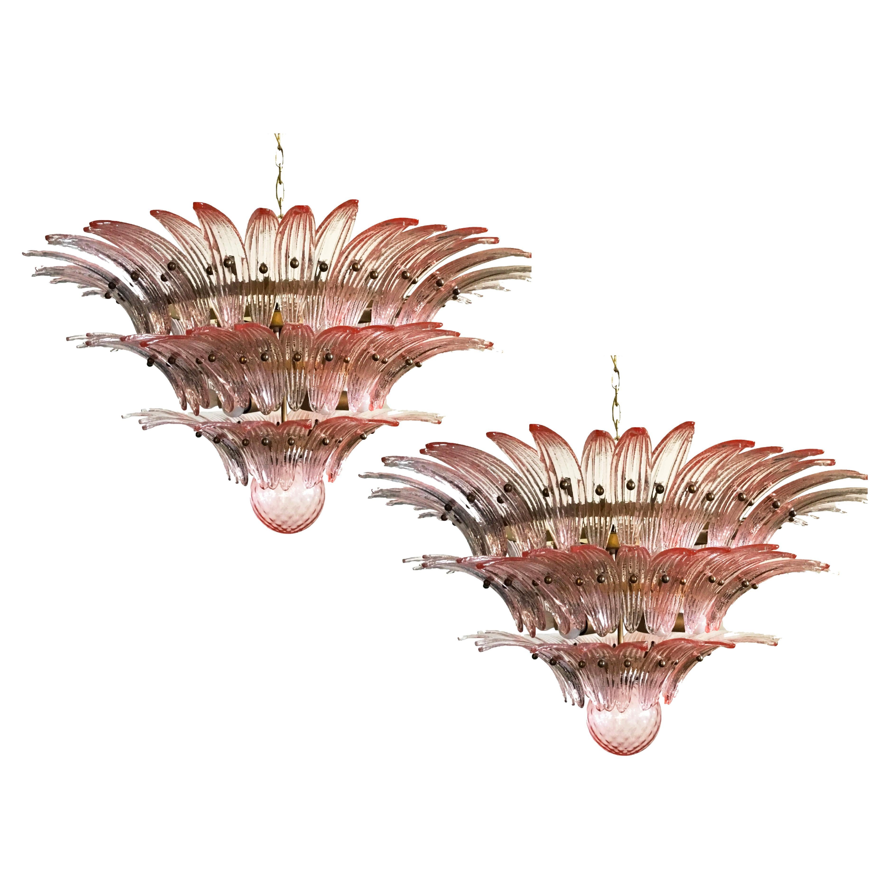 Pair of spectacular pink glass chandeliers. Murano