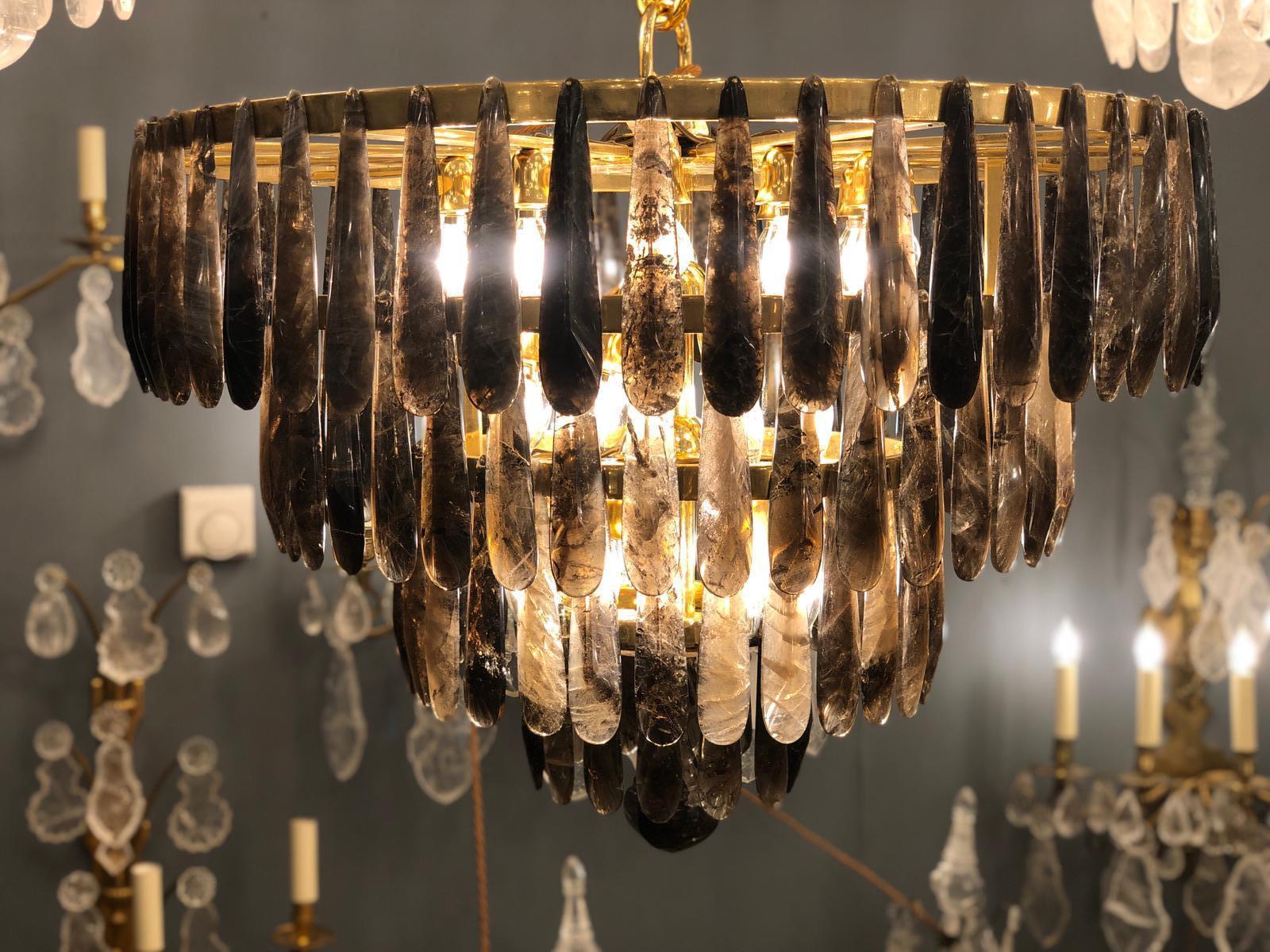 Pair of Spectacular Tiered Bronze and Smoked Rock Crystal Chandeliers 1