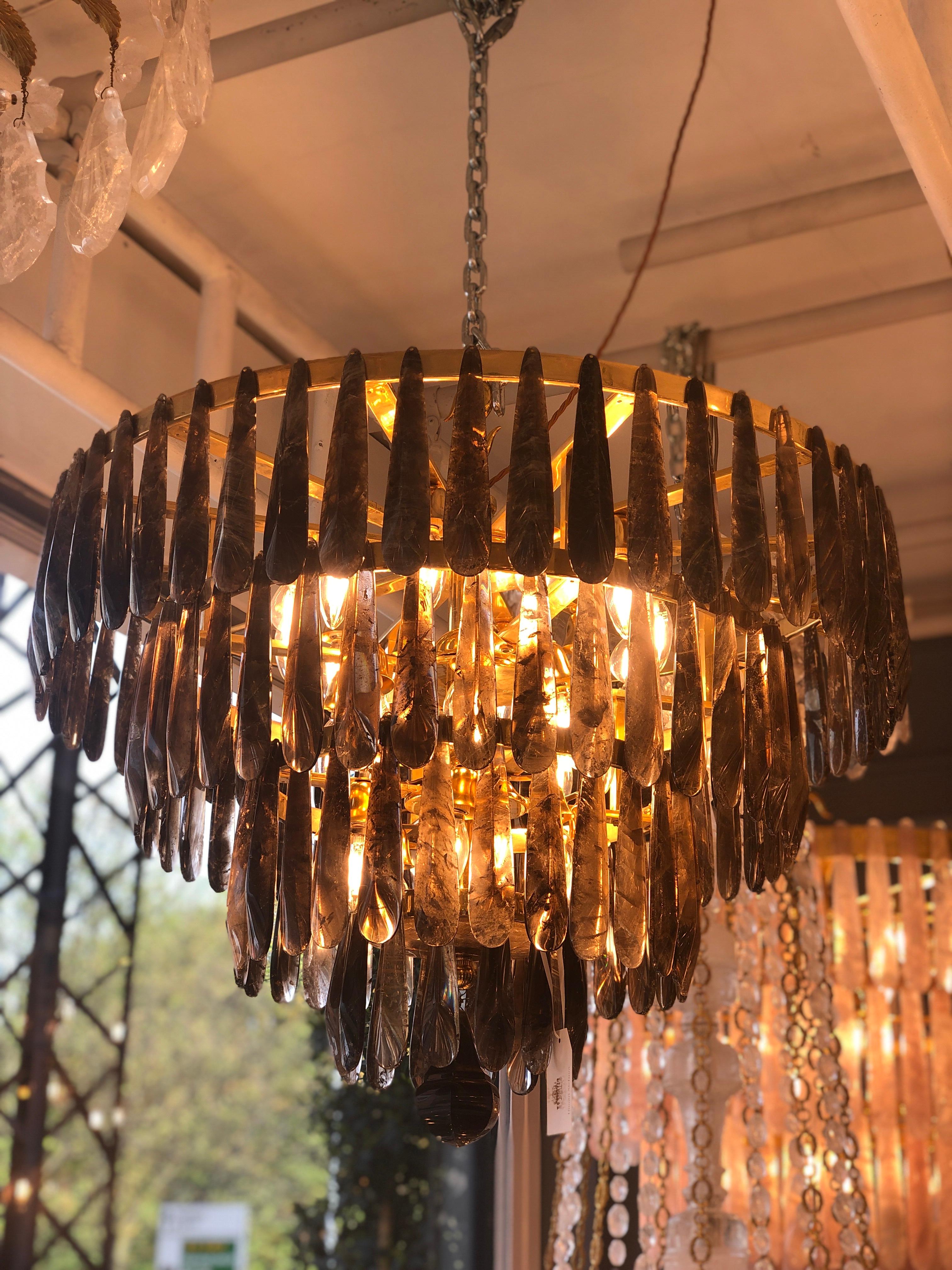 Pair of Spectacular Tiered Bronze and Smoked Rock Crystal Chandeliers 2