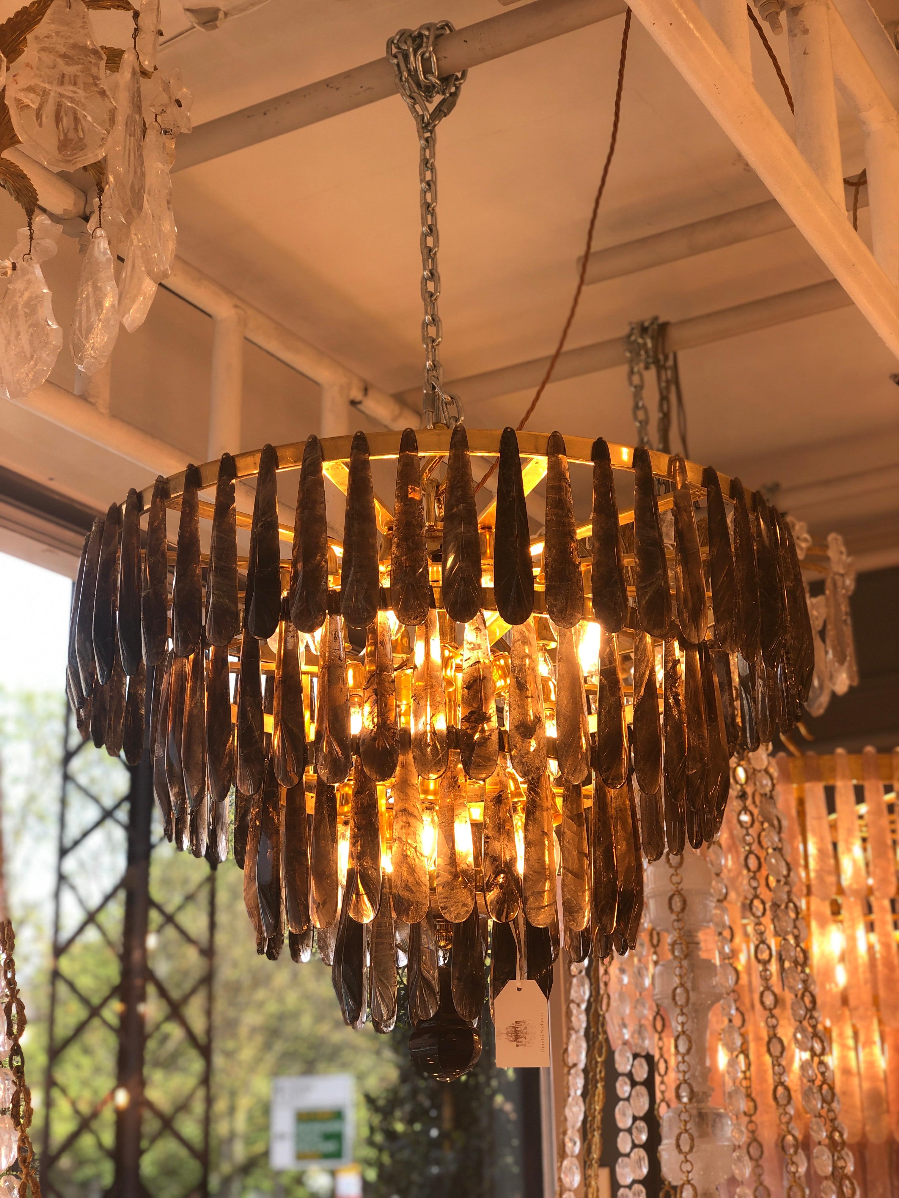 Pair of Spectacular Tiered Bronze and Smoked Rock Crystal Chandeliers 3