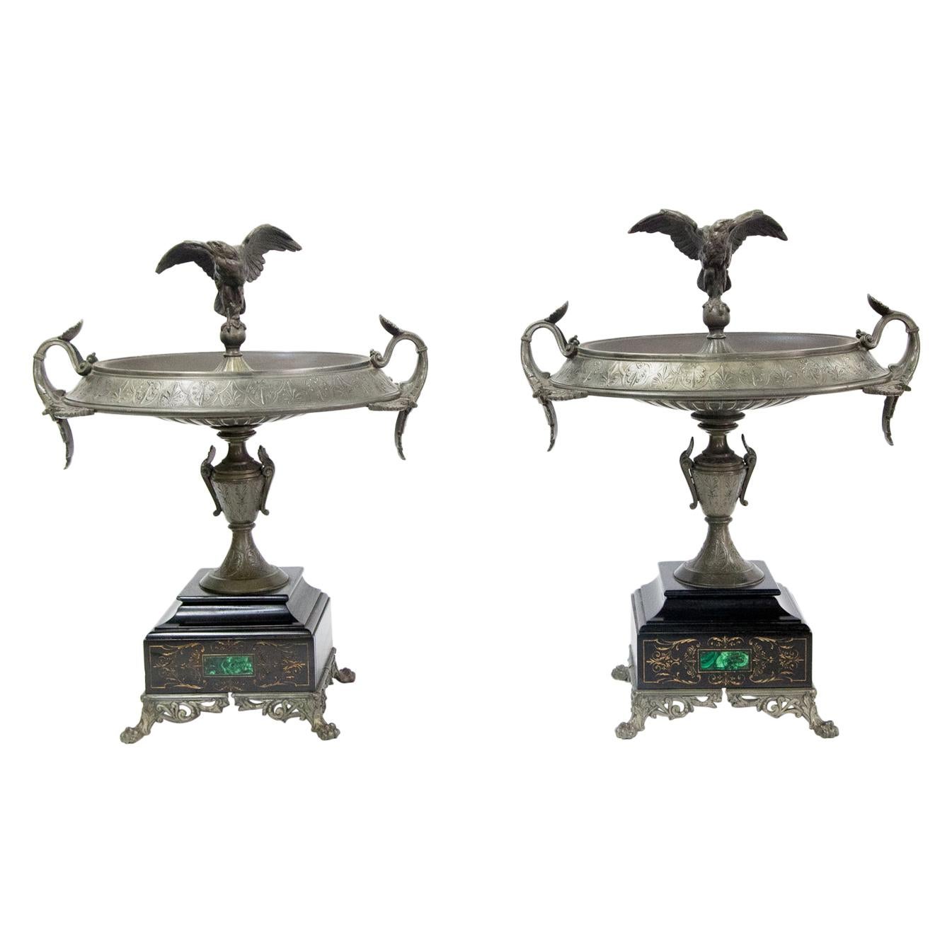 Pair of Spelter and Marble Comports For Sale