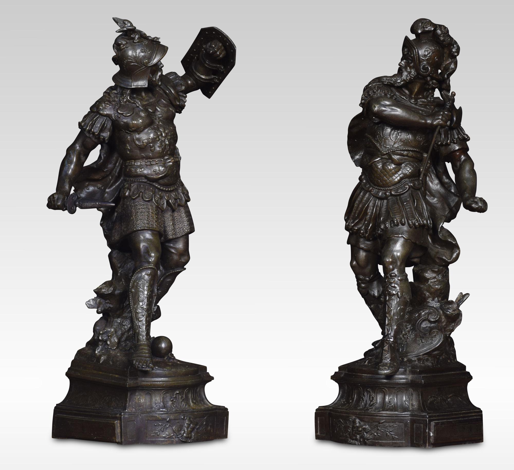 Pair of spelter knights each crisply modeled in late medieval-style armour, one with swords raised the other a shield all raised up on plinth bases.
Dimensions:
Height 26 inches
Length 11.5 inches
width 8.5 inches.