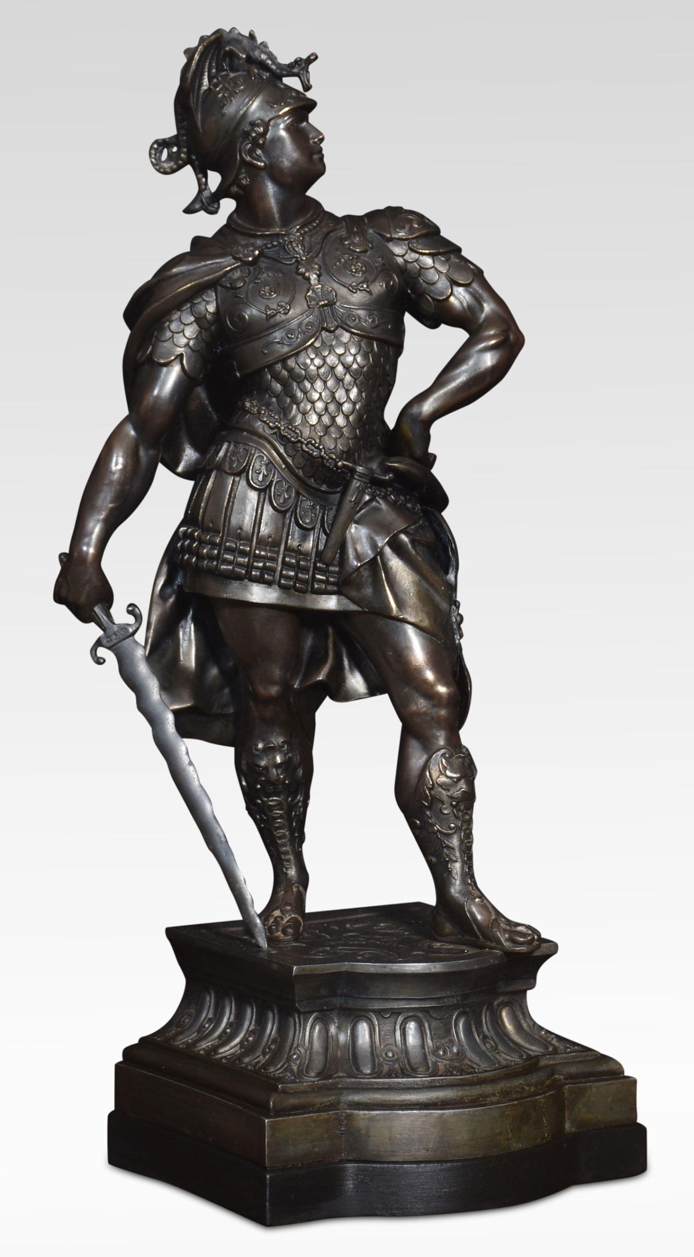 Pair of spelter knights each crisply modelled in clasical armour. Raised up on steped bases.
Dimensions
Height 25 Inches
Width 9.5 Inches
Depth 9.5 Inches