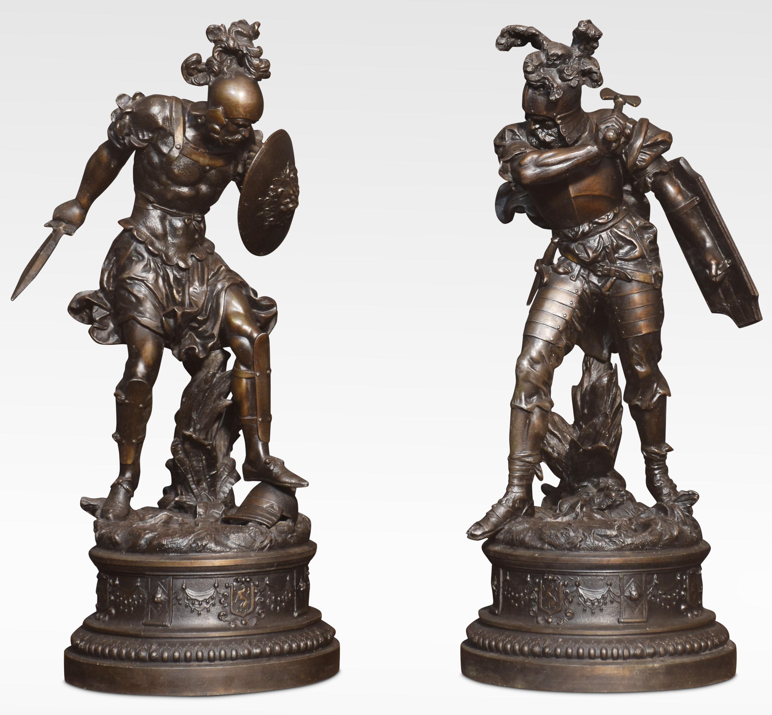 Pair of spelter Warriors, each crisply modelled in late medieval-style armour, one with swords raised the other an axe all raised on circular stepped plinth bases.
Dimensions
Height 20 Inches
Width 9 Inches
Depth 9 Inches