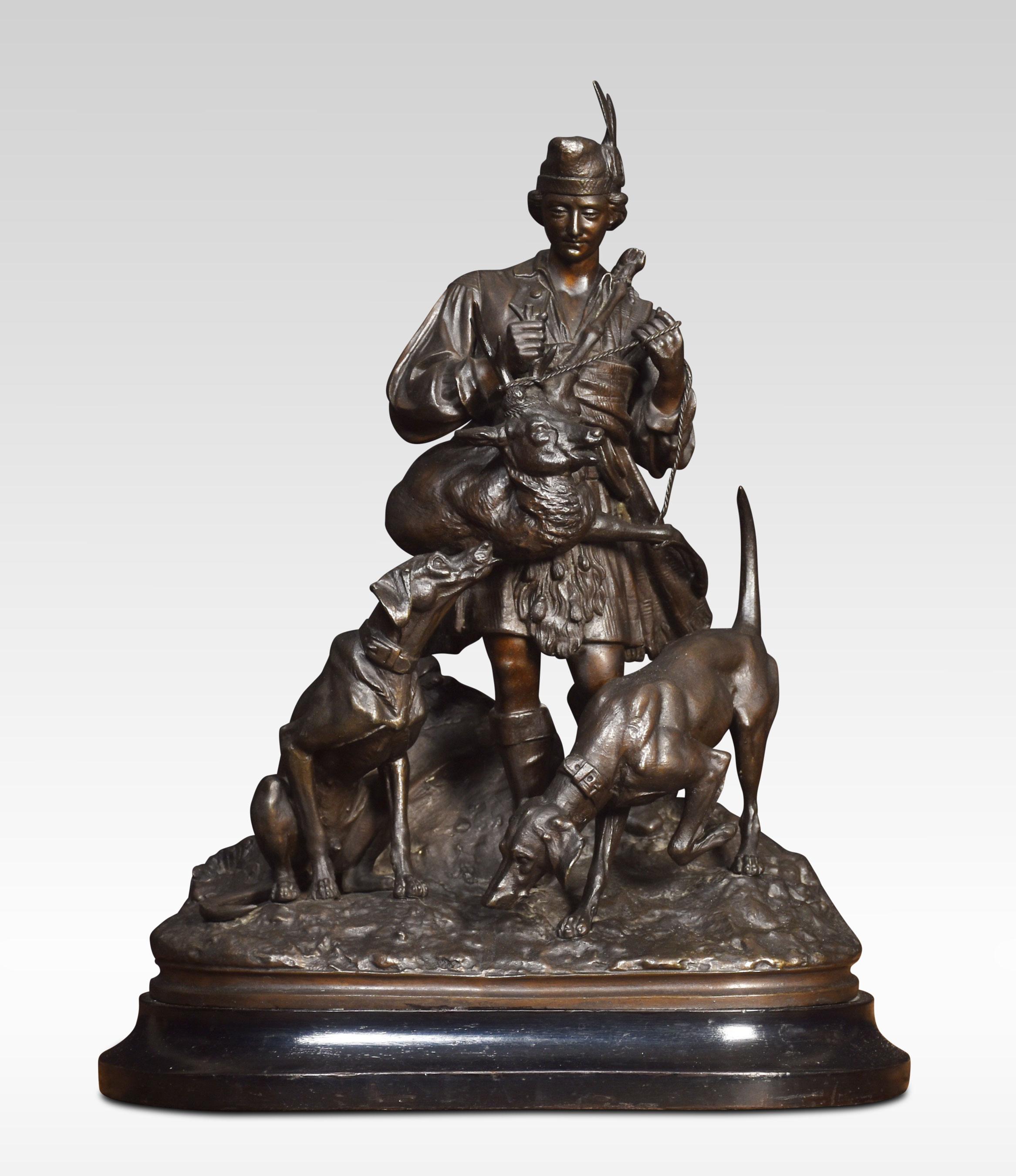 A pair of spelter Scottish hunting figures in traditional dress with deerhounds. Raised up on ebonised bases.
Dimensions
Height 16.5 Inches
Width 13.5 Inches
Depth 7 Inches.