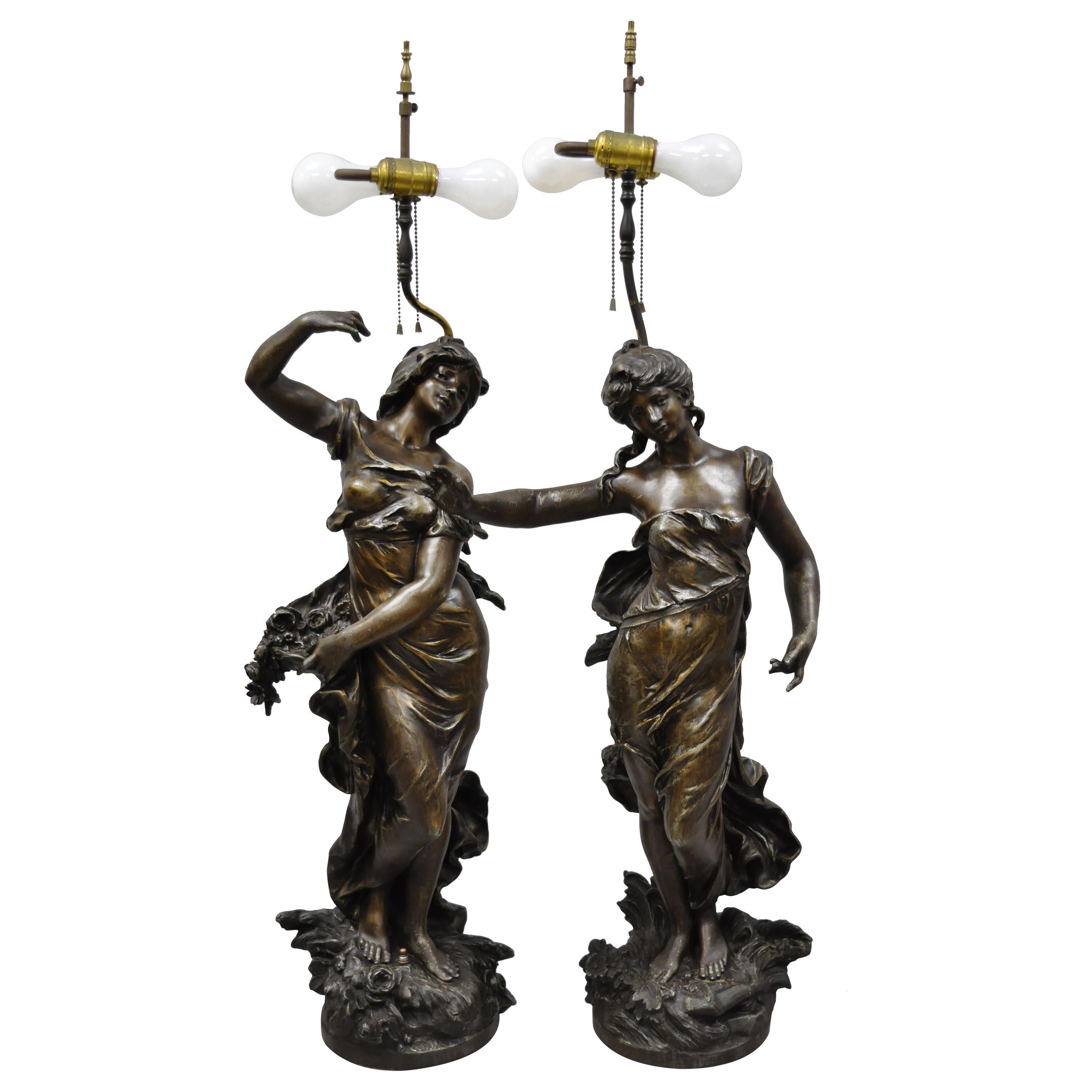 Pair of Spelter Metal Large Figural French Victorian Woman Table Lamps