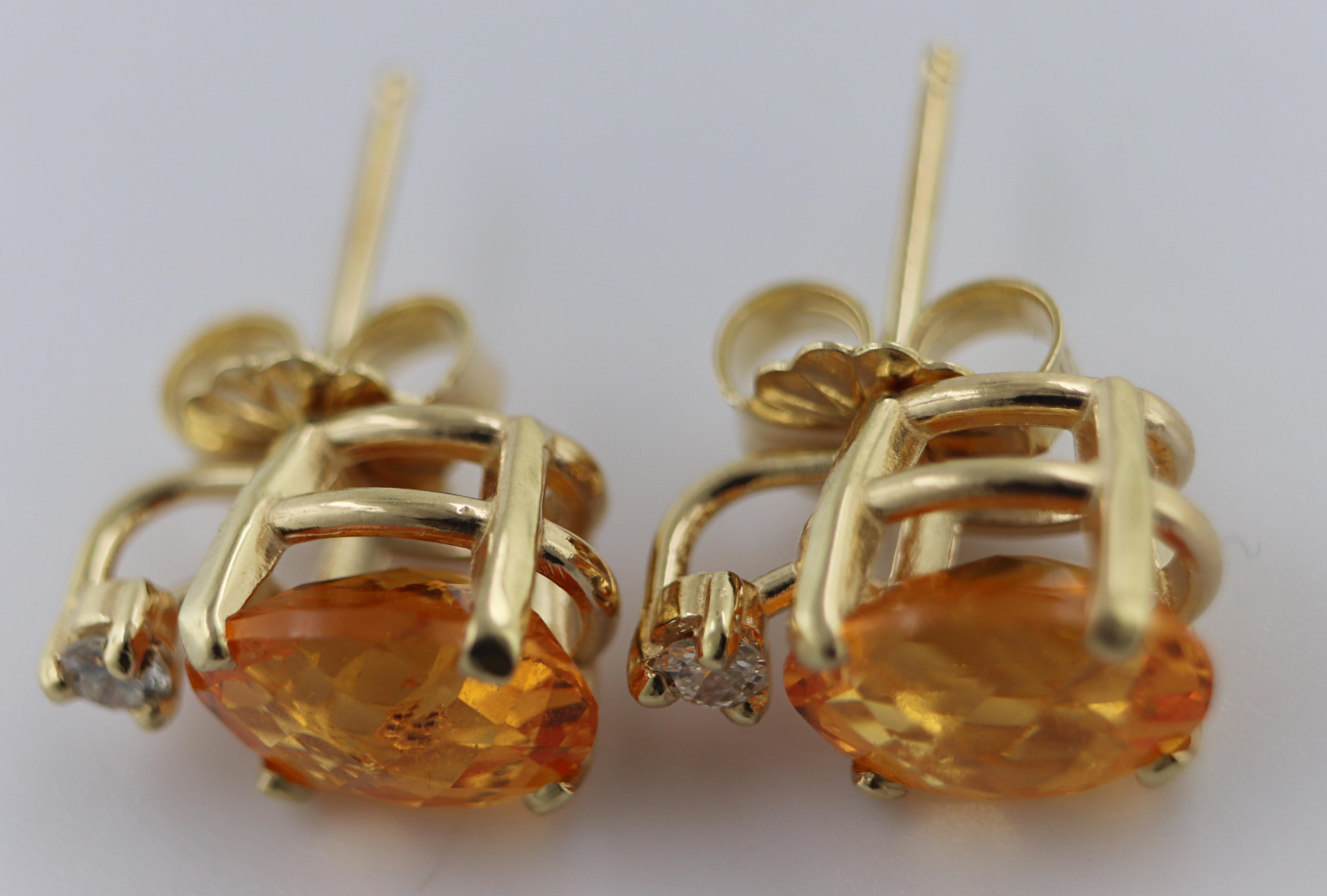 Artisan Pair of Spessartite Garnet, Diamond, 14k Gold Earrings For Sale