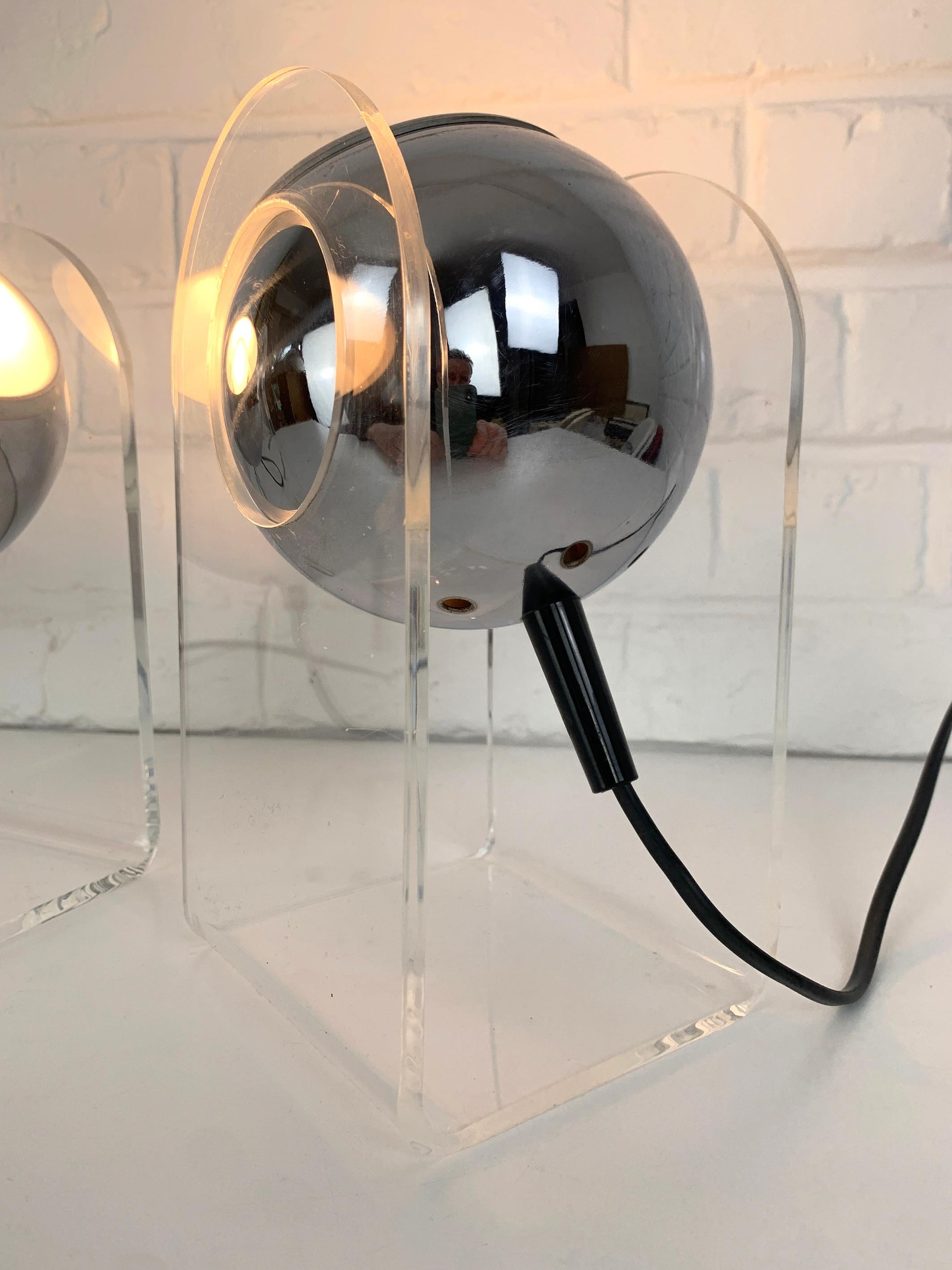 Steel Pair of Sphere Space Age Ball Table Lamps, Plexiglass and Chrome, 1960-70s