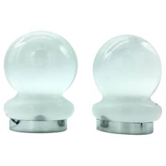 Pair of Spherical Blown Glass Night Table Lamps, Chrome Base, Mazzega Italy
