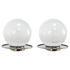 Pair of Spherical Murano Glass Italian Table Lamps with Chromed Metal Base
