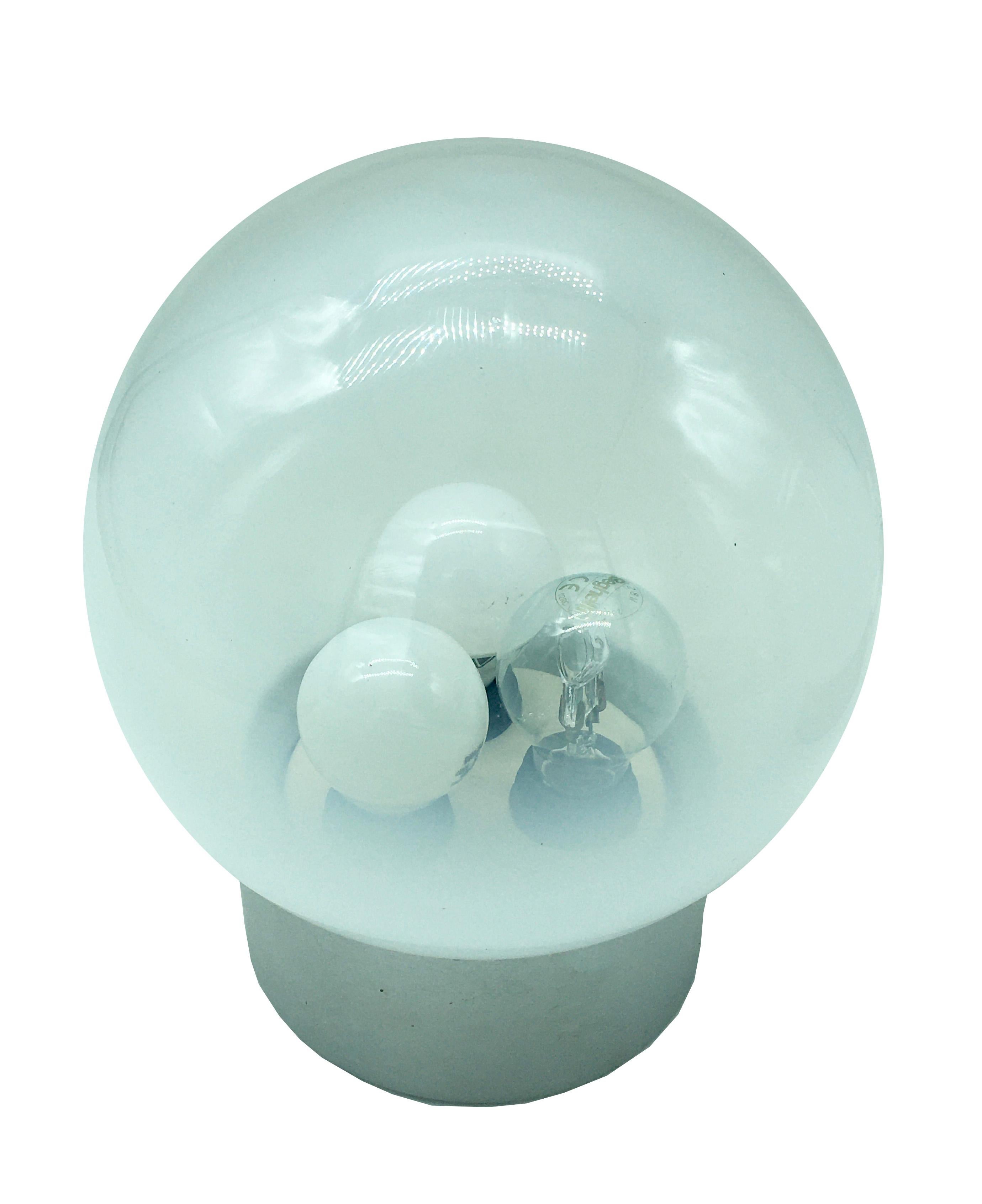 Italian Pair of Spherical Blown Glass Table Lamps, Chromed Metal Base, Mazzega, Italy