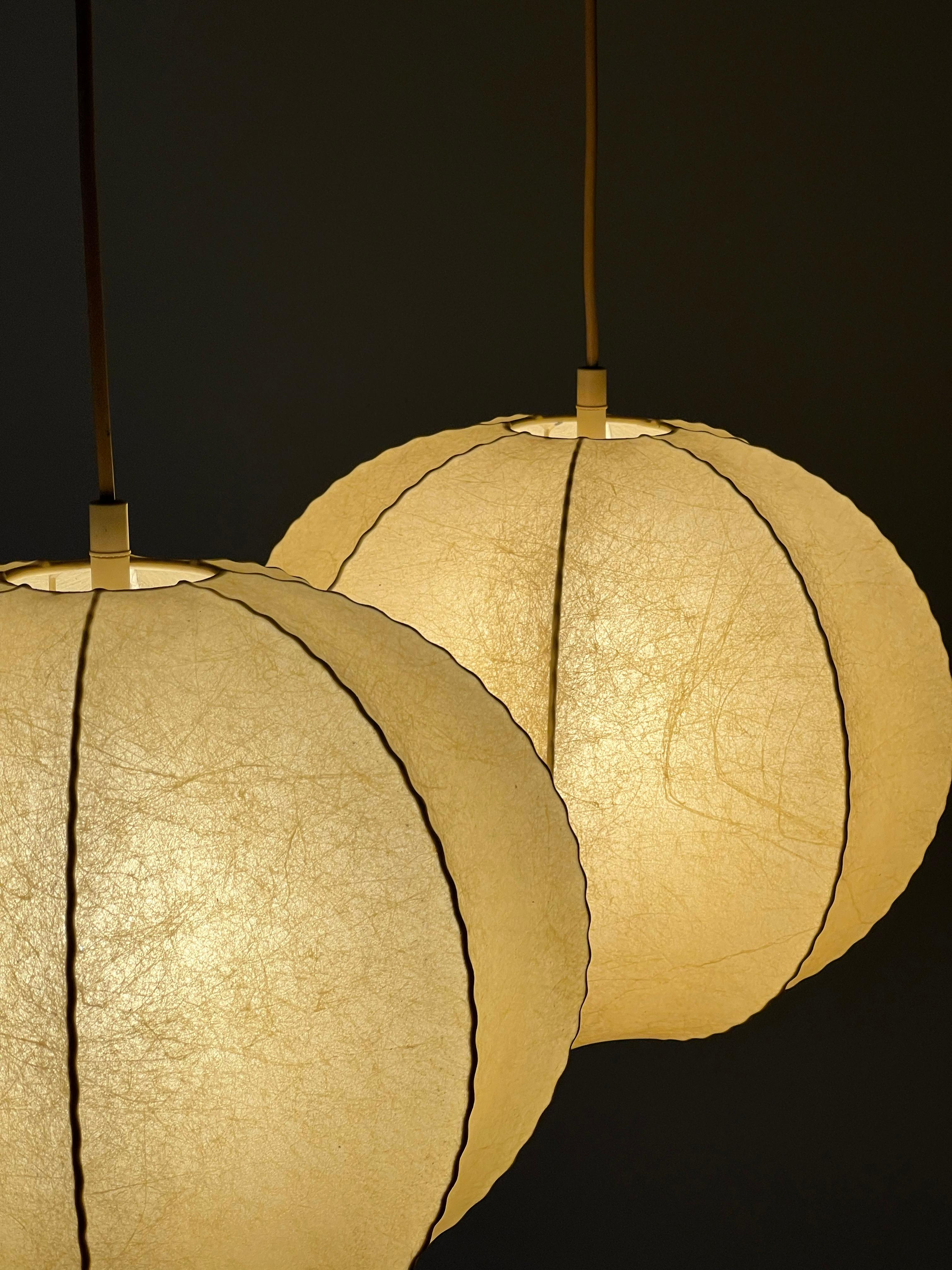Pair of Spherical Cocoon Pendant Lights Featuring Wavy Structure, Germany 1970s 11