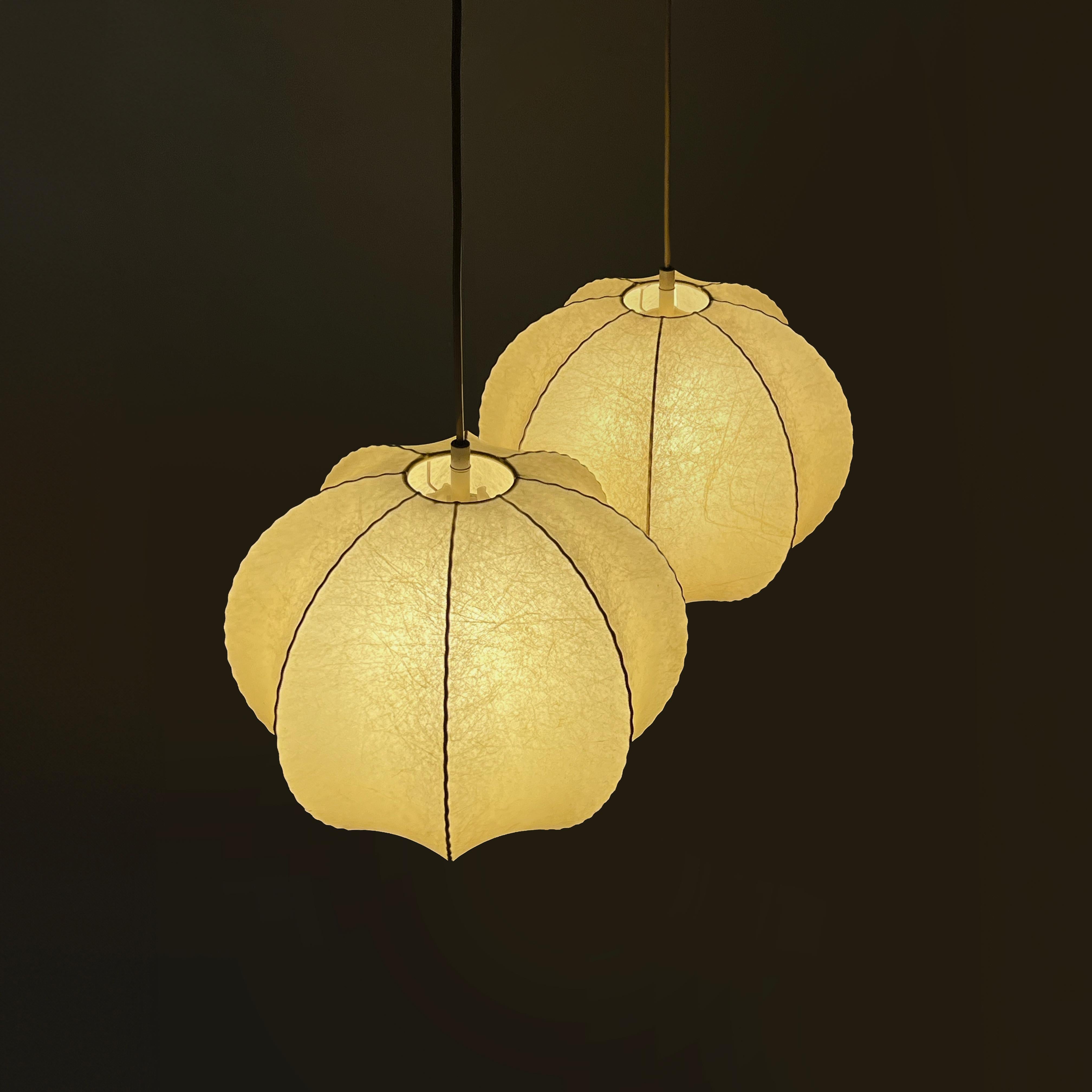 Pair of Spherical Cocoon Pendant Lights Featuring Wavy Structure, Germany 1970s 1
