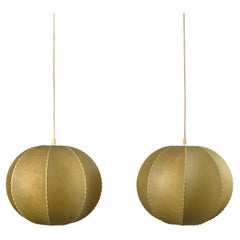 Pair of Spherical Cocoon Pendant Lights Featuring Wavy Structure, Germany 1970s