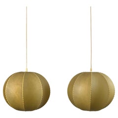 Pair of Spherical Cocoon Pendant Lights Featuring Wavy Structure, Germany 1970s