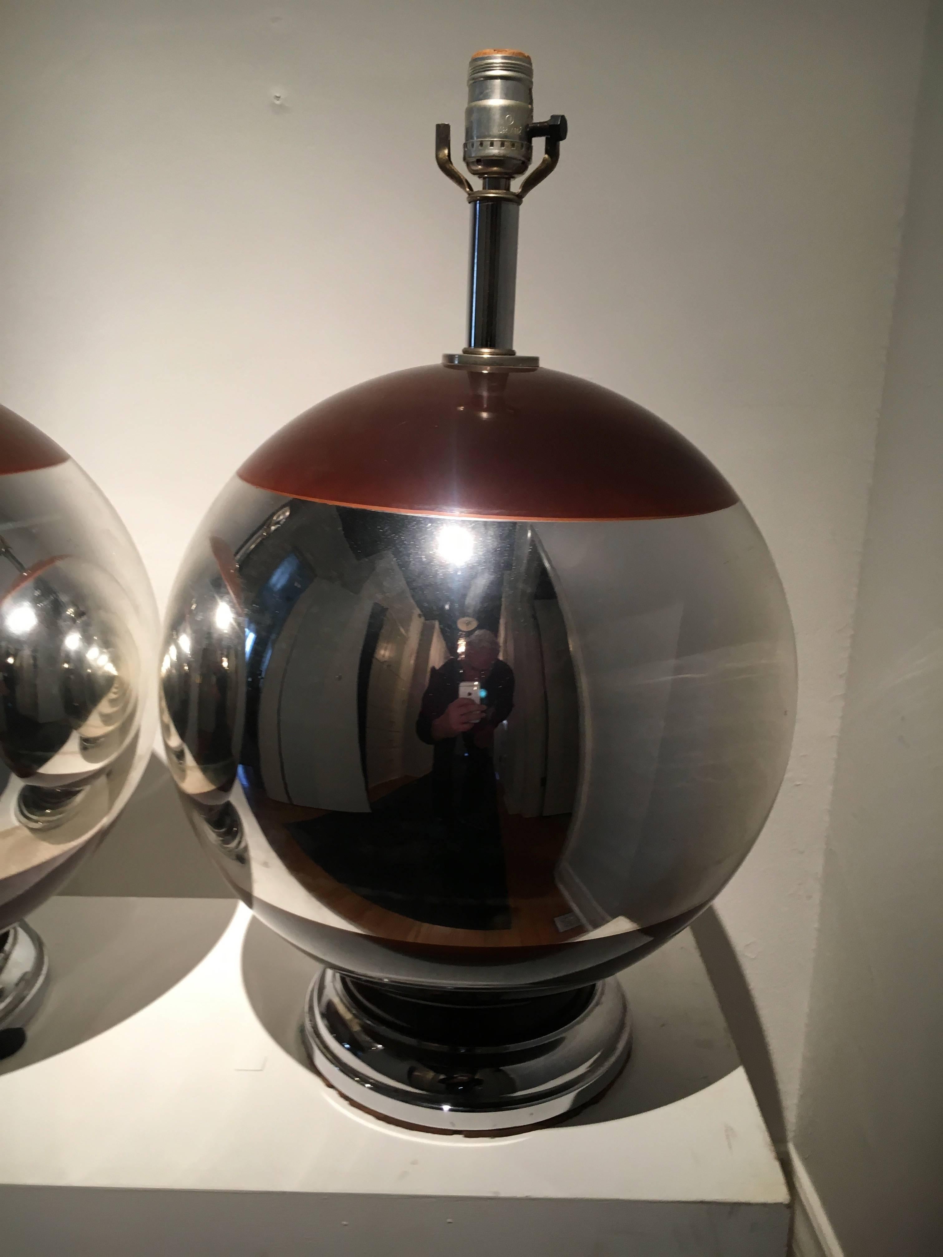 Pair of Spherical Mercury Lamps with Brown Detailing In Excellent Condition In Los Angeles, CA