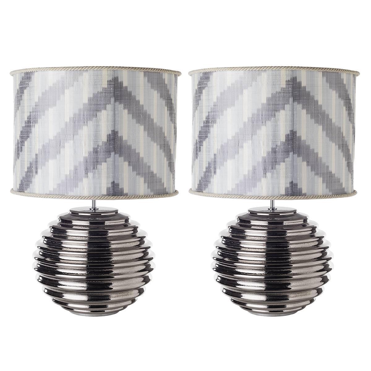 Pair of Spherical Ribbed Ceramic Table Lamps For Sale