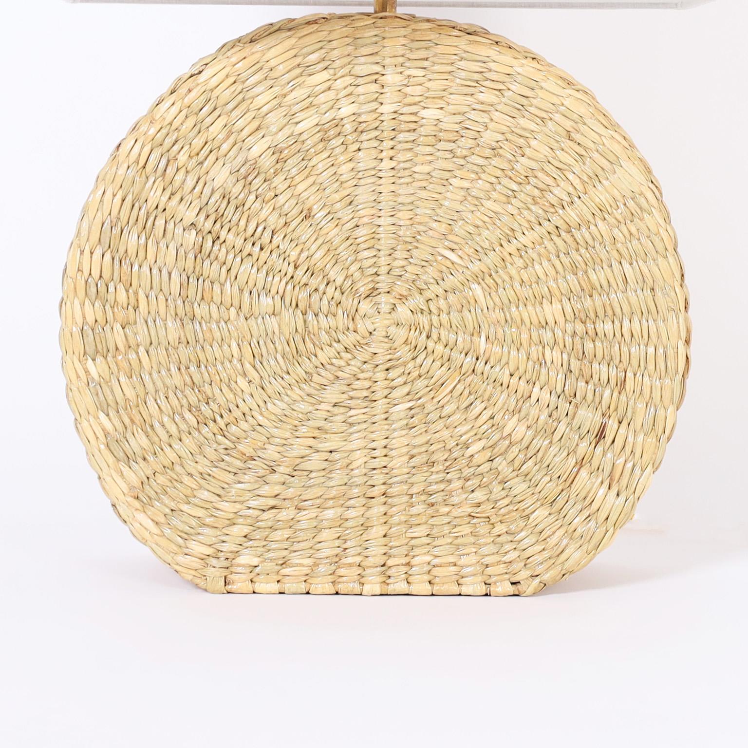 Mid-Century Modern Pair of Spherical Wicker Table Lamps from the Fs Flores Collection For Sale