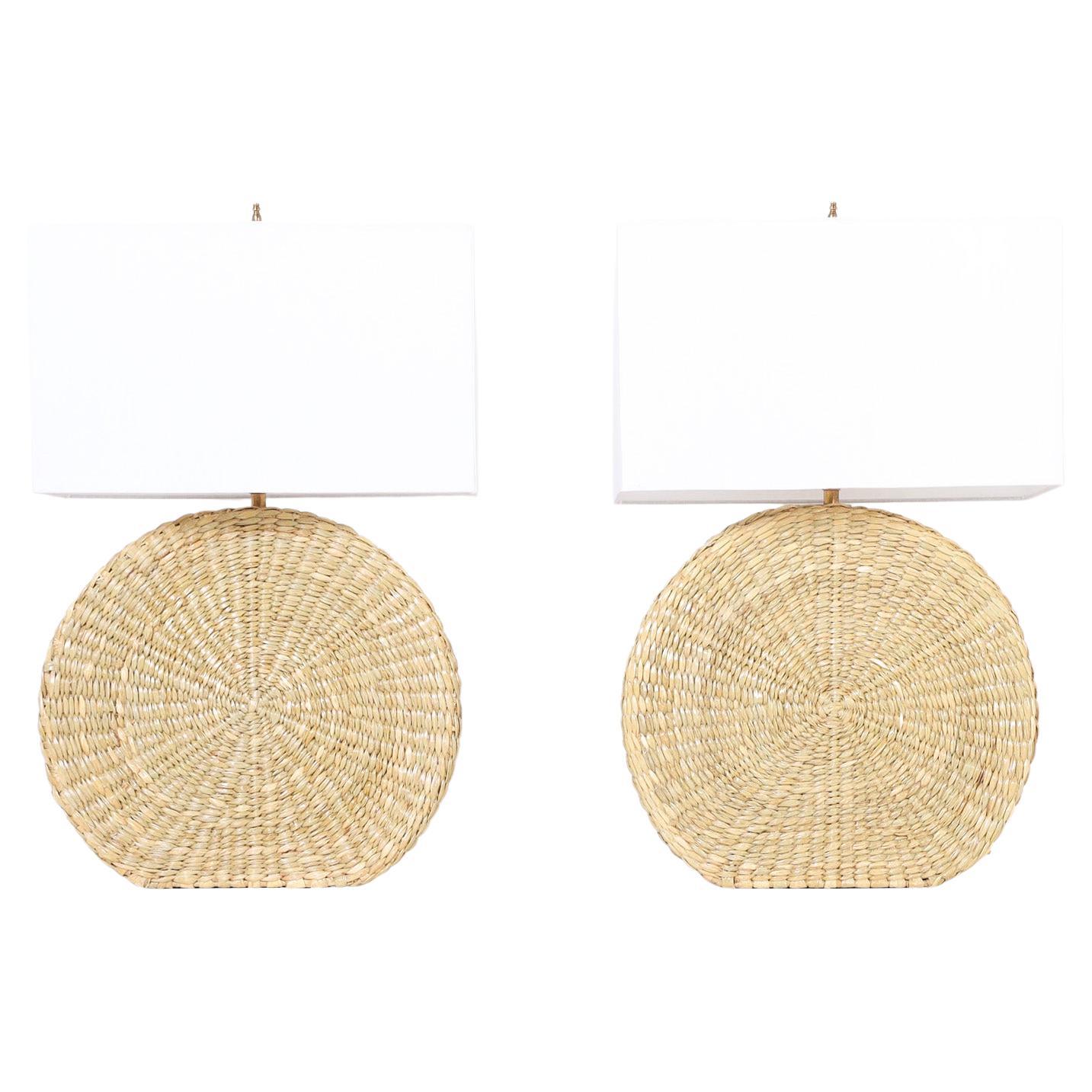 Pair of Spherical Wicker Table Lamps from the Fs Flores Collection For Sale