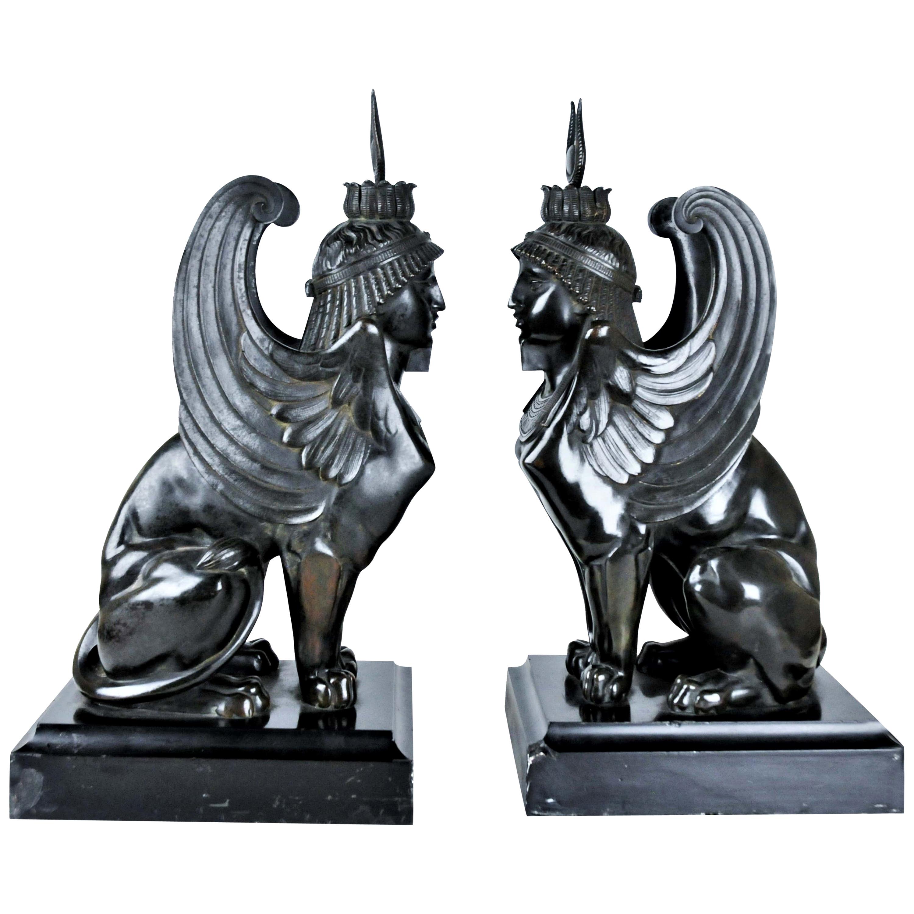 Pair of Sphinx, French Empire, Patinated Bronze Sculptures, 1820s