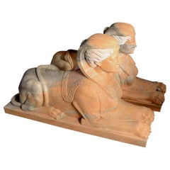 Pair of Sphinxes Carved in Veined Marble