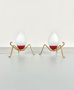 Pair of Spider Table Lamp in Brass and Opaline Glass Italy, 1950s