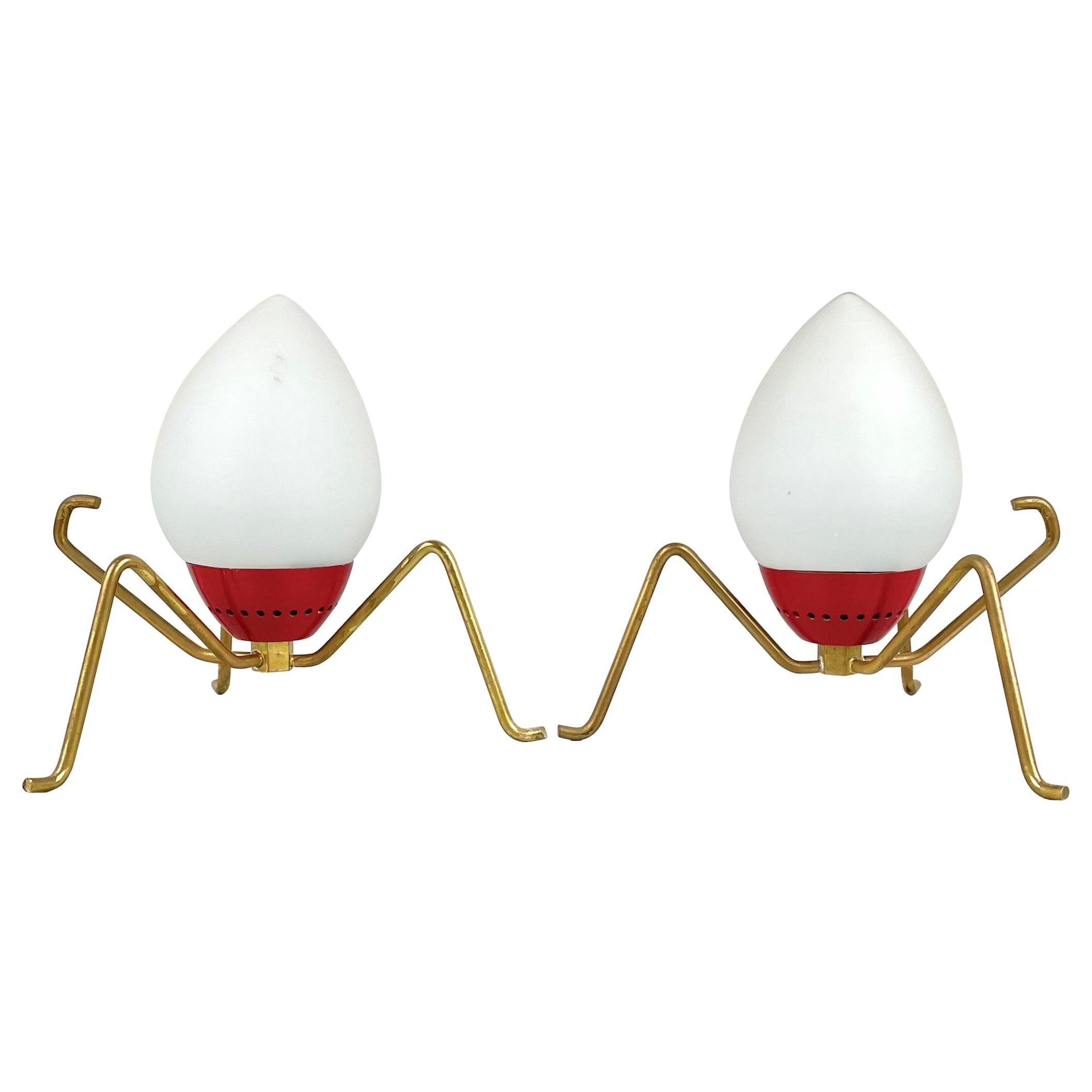 Pair of Spider Table Lamp in Brass and Opaline Glass Italy, 1950s