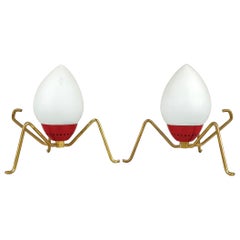 Vintage Pair of Spider Table Lamp in Brass and Opaline Glass Italy, 1950s