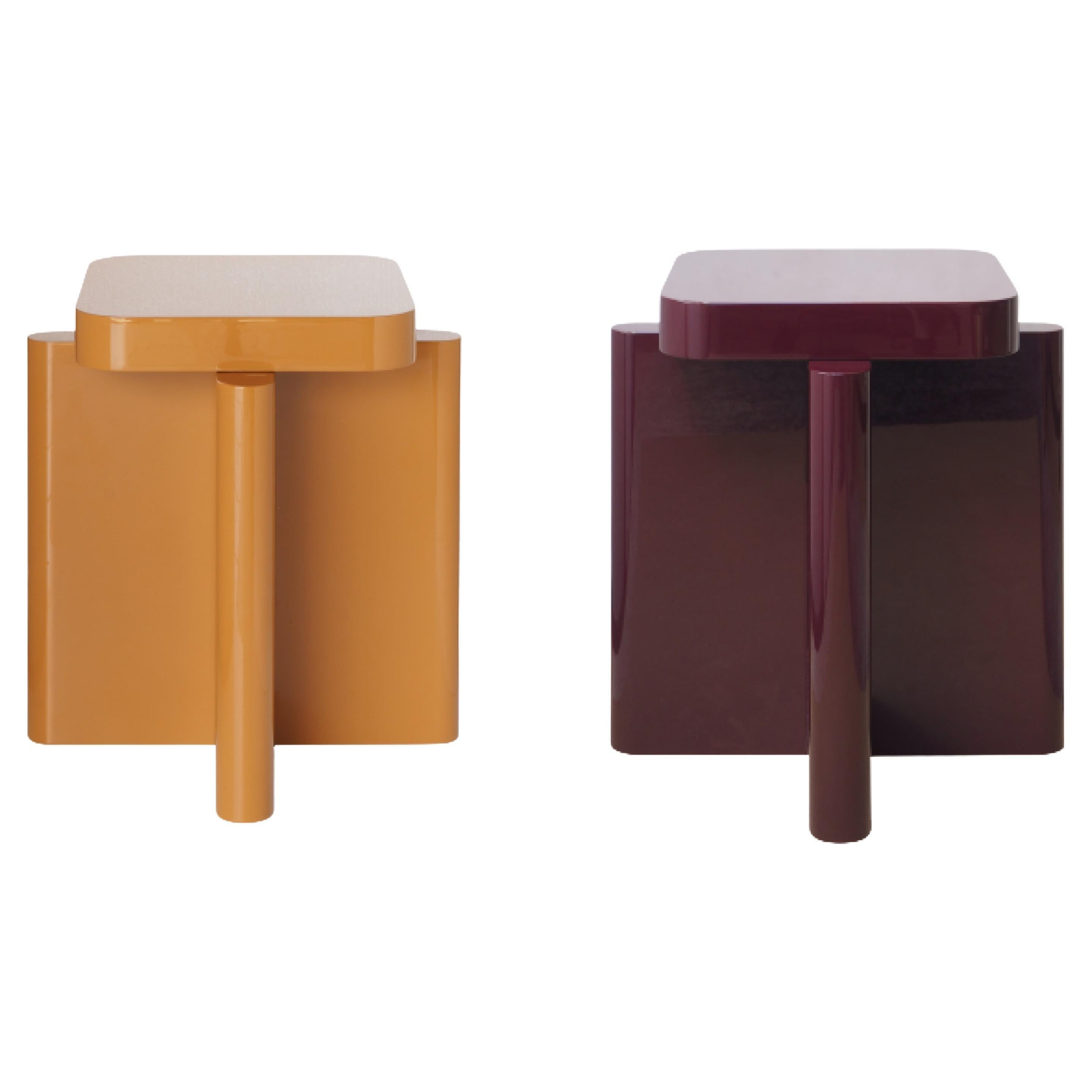 Pair of Spina stool by Cara Davide
Dimensions: D 40 x W 40 x H 45 cm 
Materials: Nut Wood, Lacquered MDF. 
Also available in colors: Bordeaux, Caramel, Dusty Red, Off-White, and Natural Wood.


Spina is a collection of lacquered tables and