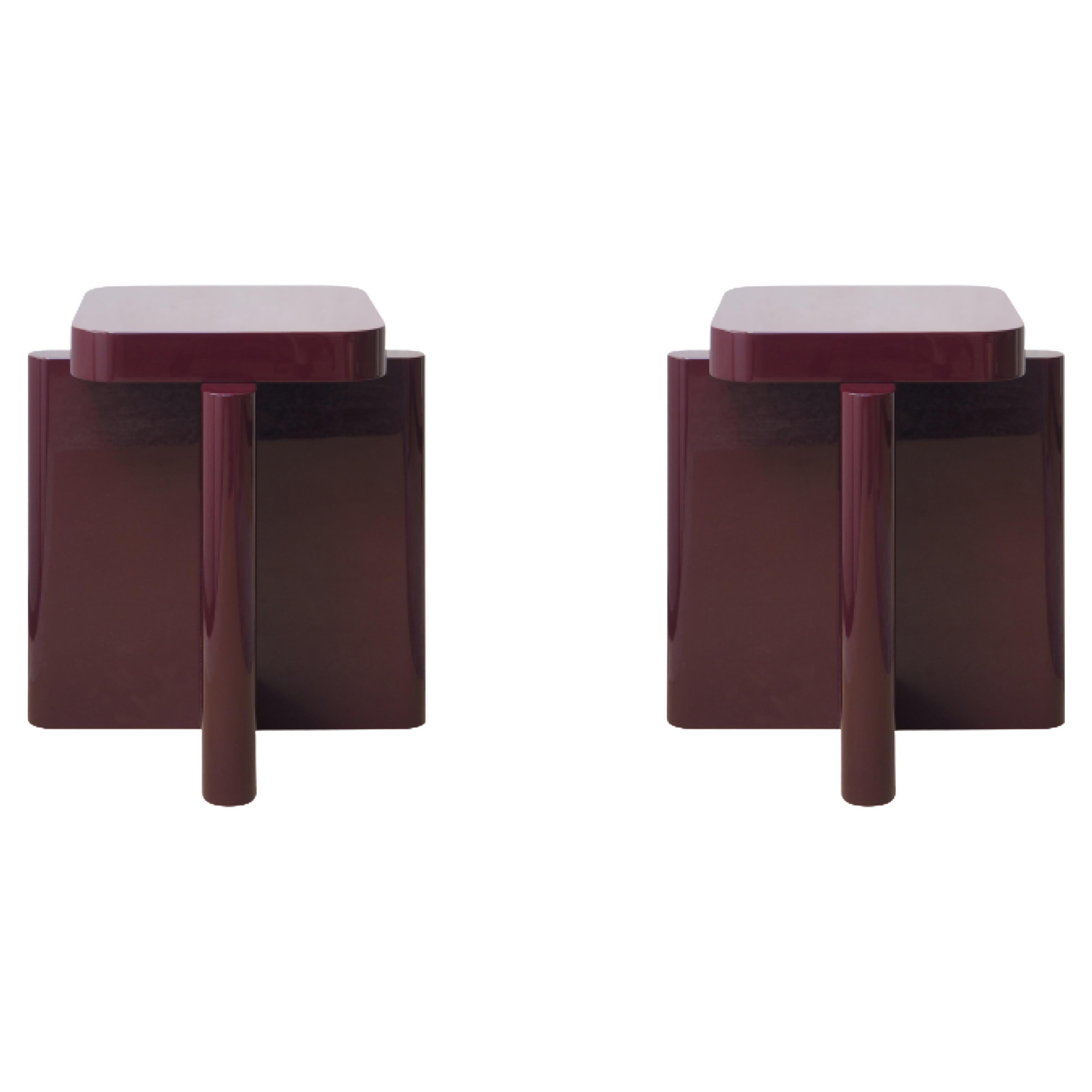 Pair of Spina stool by Cara Davide
Dimensions: D 40 x W 40 x H 45 cm 
Materials: Nut Wood, Lacquered MDF. 
Also available in colors: Bordeaux, Caramel, Dusty Red, Off-White, and Natural Wood.


Spina is a collection of lacquered tables and