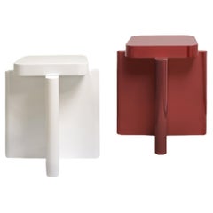 Pair of Dusty Red and Off-White Solid Wood Seating Spina Stool by Cara Davide