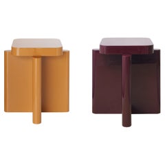 Pair of Bordeaux Red and Caramel Solid Wood Spina Wooden Stool by Cara Davide