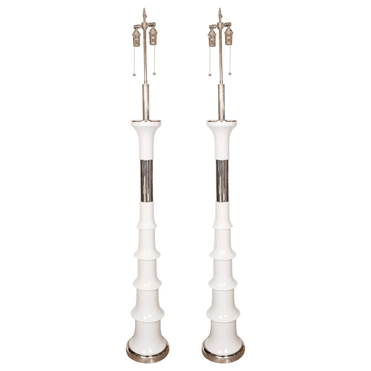 Pair of Spindle Form White Lacquered Metal and Chrome Floor Lamps