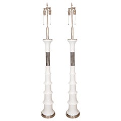 Vintage Pair of Spindle Form White Lacquered Metal and Chrome Floor Lamps