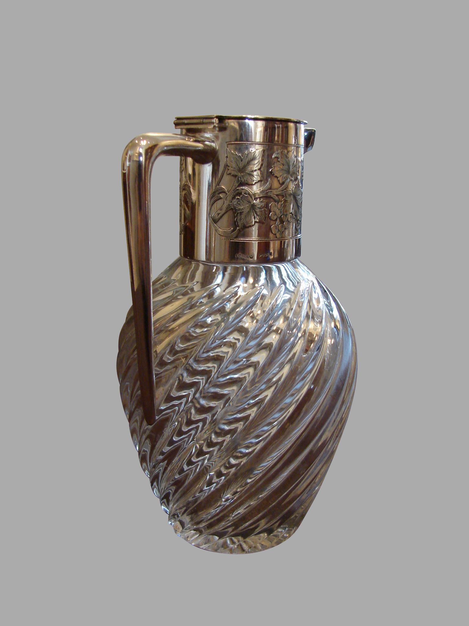 German Pair of Spiral Glass and Silver Claret Jugs