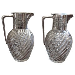 Pair of Spiral Glass and Silver Claret Jugs